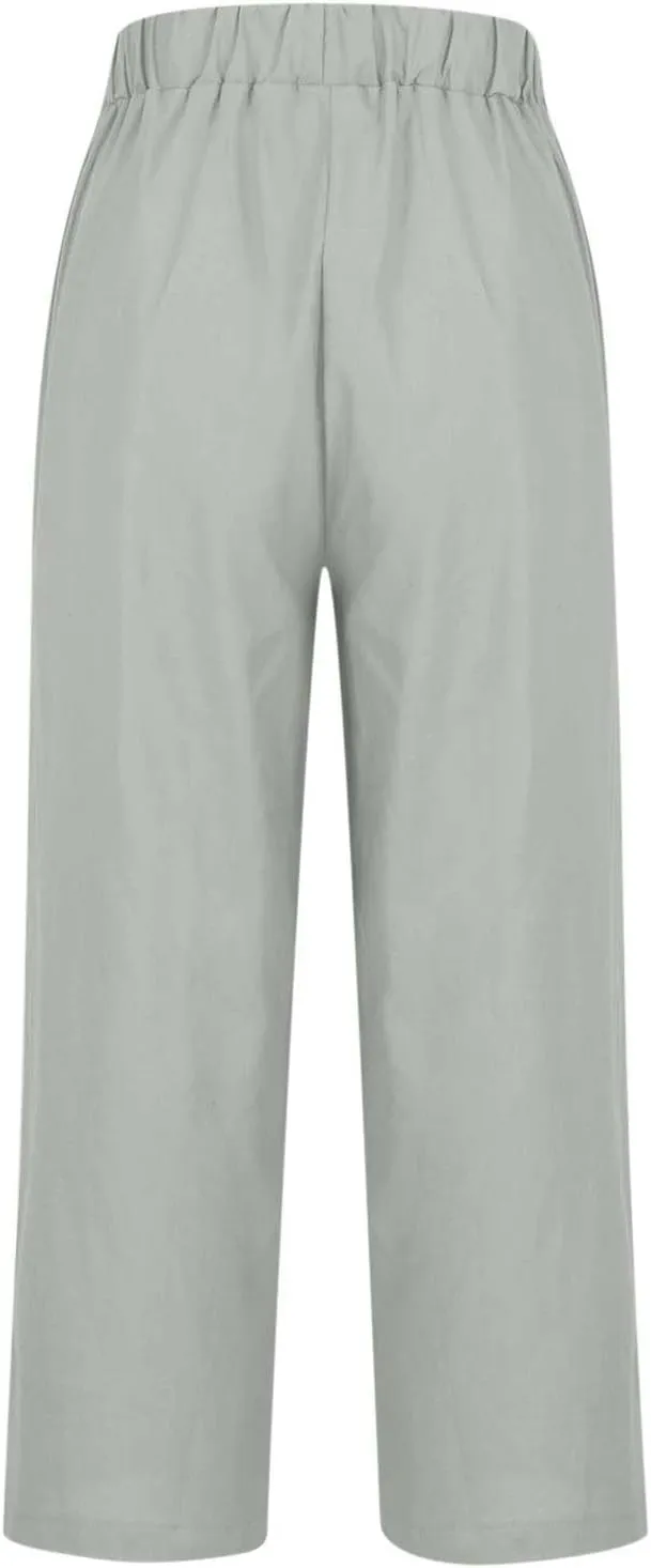 TANGNADE Women Cotton Linen Pants with Pockets Plus Size Summer Casual Lounge Pant Comfy Elastic Waist Straight Trouser