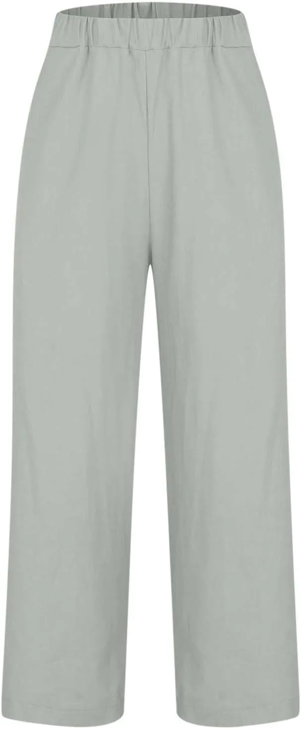 TANGNADE Women Cotton Linen Pants with Pockets Plus Size Summer Casual Lounge Pant Comfy Elastic Waist Straight Trouser