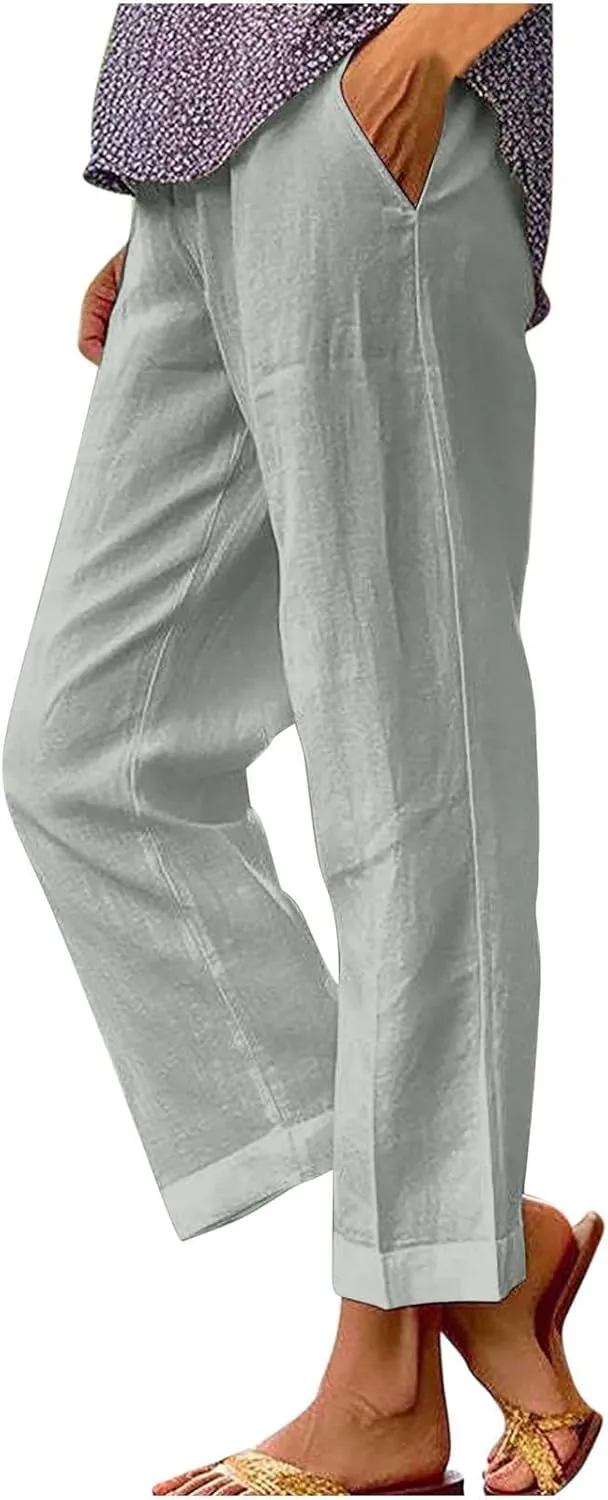 TANGNADE Women Cotton Linen Pants with Pockets Plus Size Summer Casual Lounge Pant Comfy Elastic Waist Straight Trouser