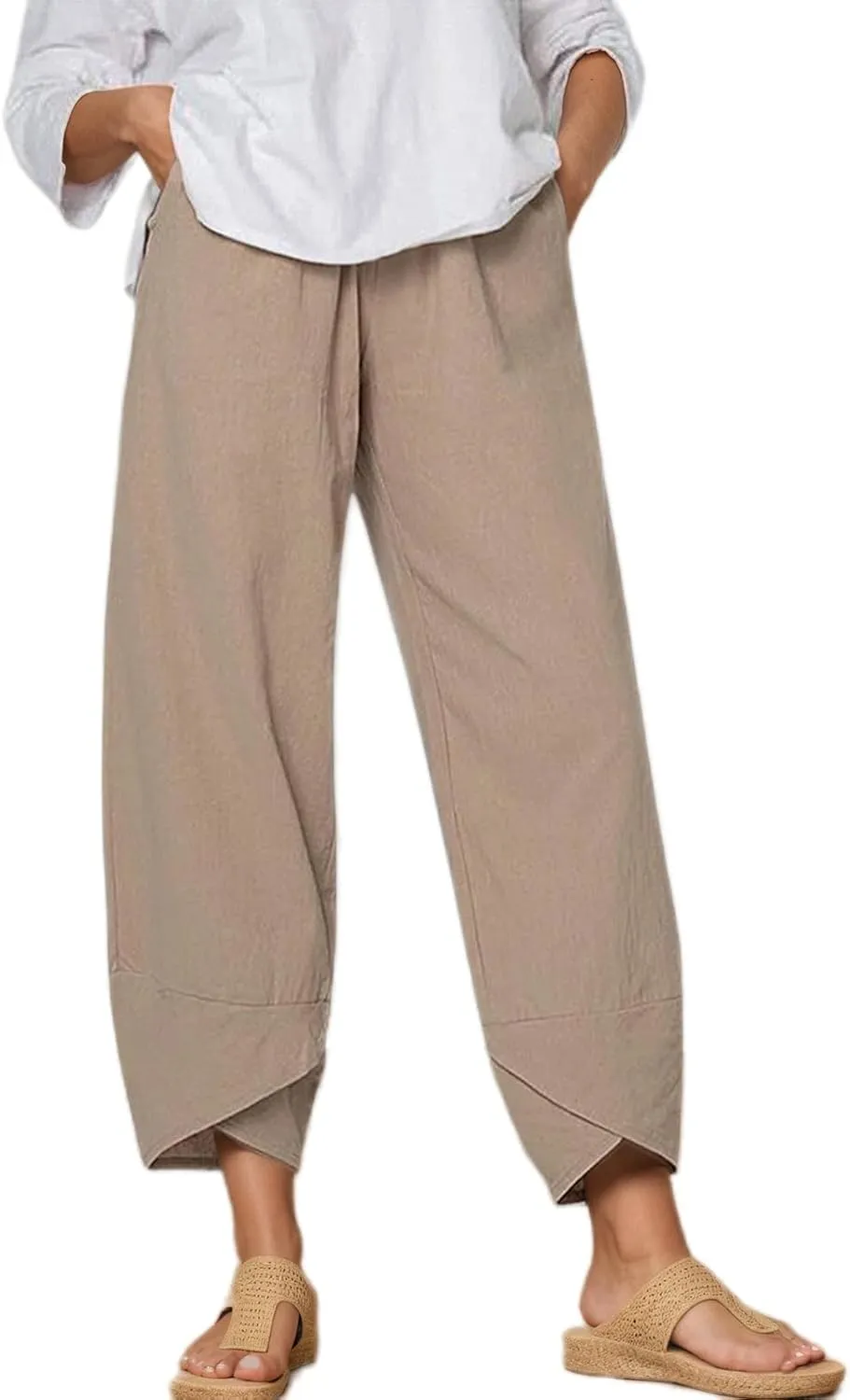 TIAFORD Women's Cotton Linen Capri Pants Casual Elastic Waist Baggy Trousers Comfy Wide Leg Beach Lounge Cropped Pants