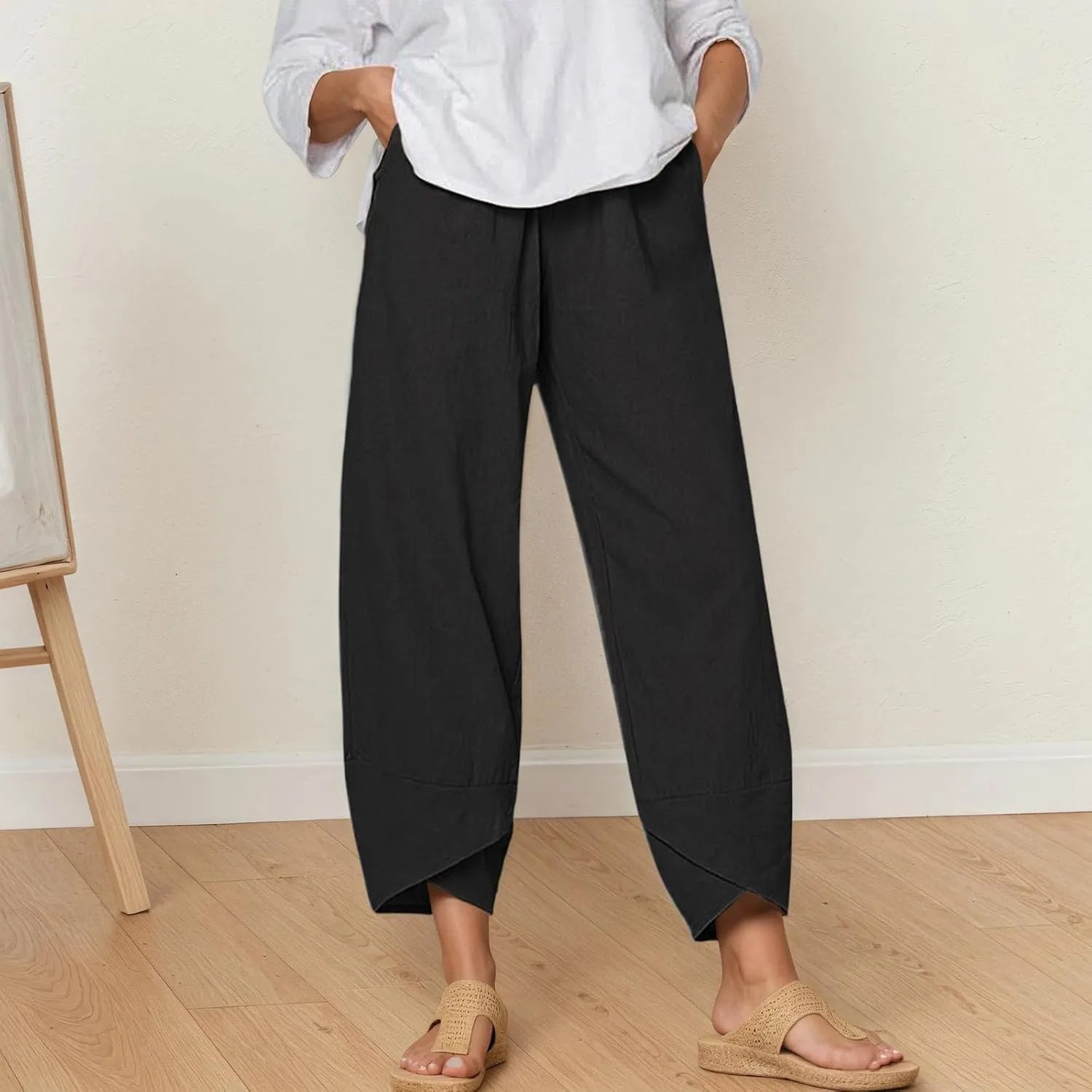TIAFORD Women's Cotton Linen Capri Pants Casual Elastic Waist Baggy Trousers Comfy Wide Leg Beach Lounge Cropped Pants