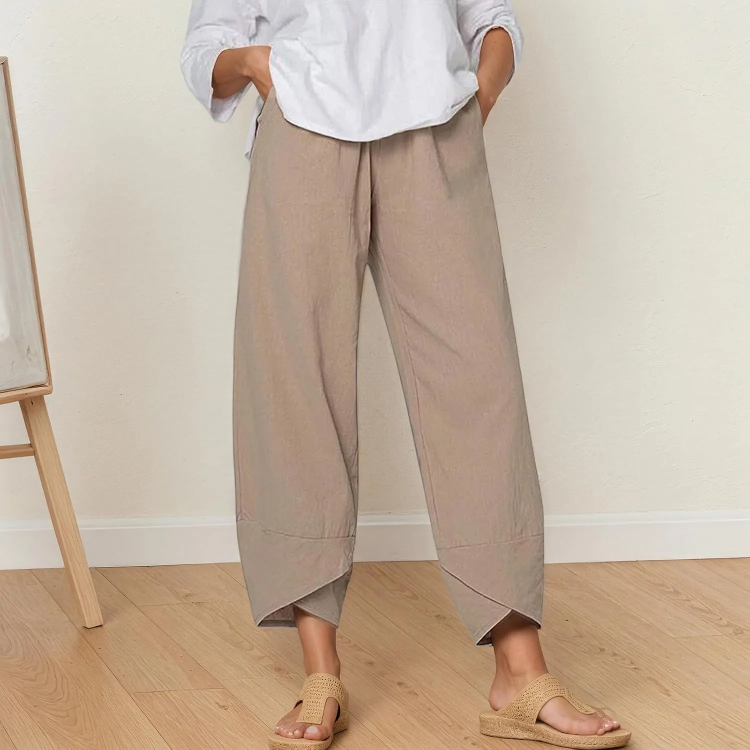 TIAFORD Women's Cotton Linen Capri Pants Casual Elastic Waist Baggy Trousers Comfy Wide Leg Beach Lounge Cropped Pants