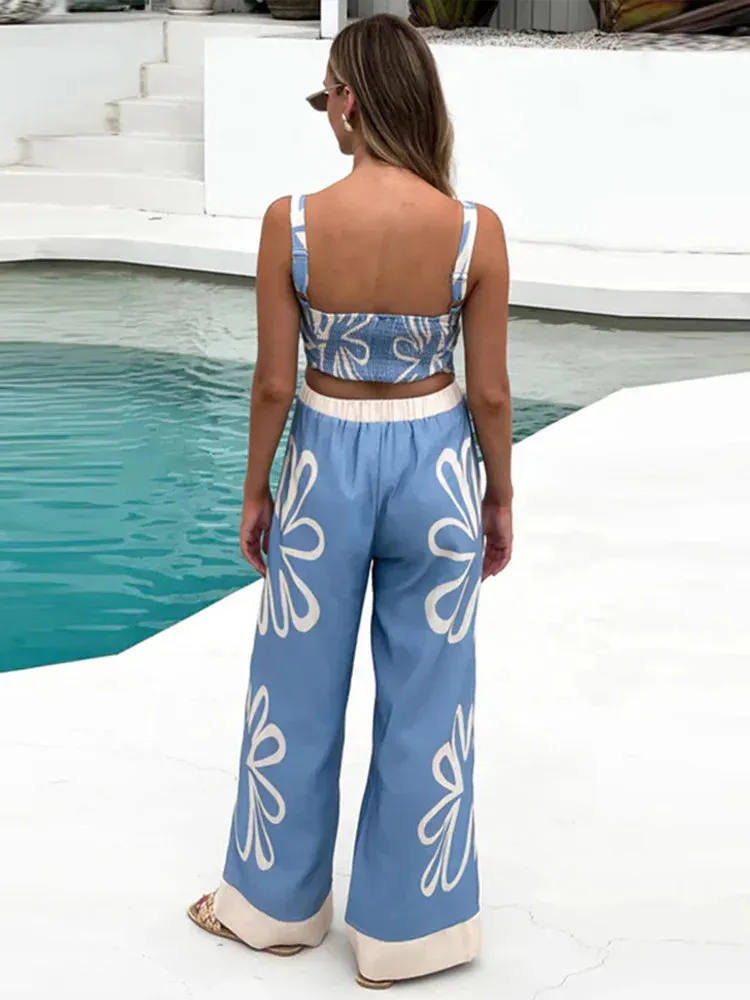 UAKISS  -  Fashion Flower Printed Long Pants Sets For Women 2025 Chic Tube Tops High Waist Wide Leg Trousers 2 Pieces Suits Female Outfits