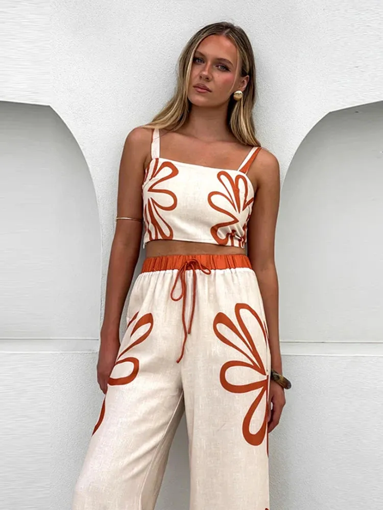 UAKISS  -  Fashion Flower Printed Long Pants Sets For Women 2025 Chic Tube Tops High Waist Wide Leg Trousers 2 Pieces Suits Female Outfits