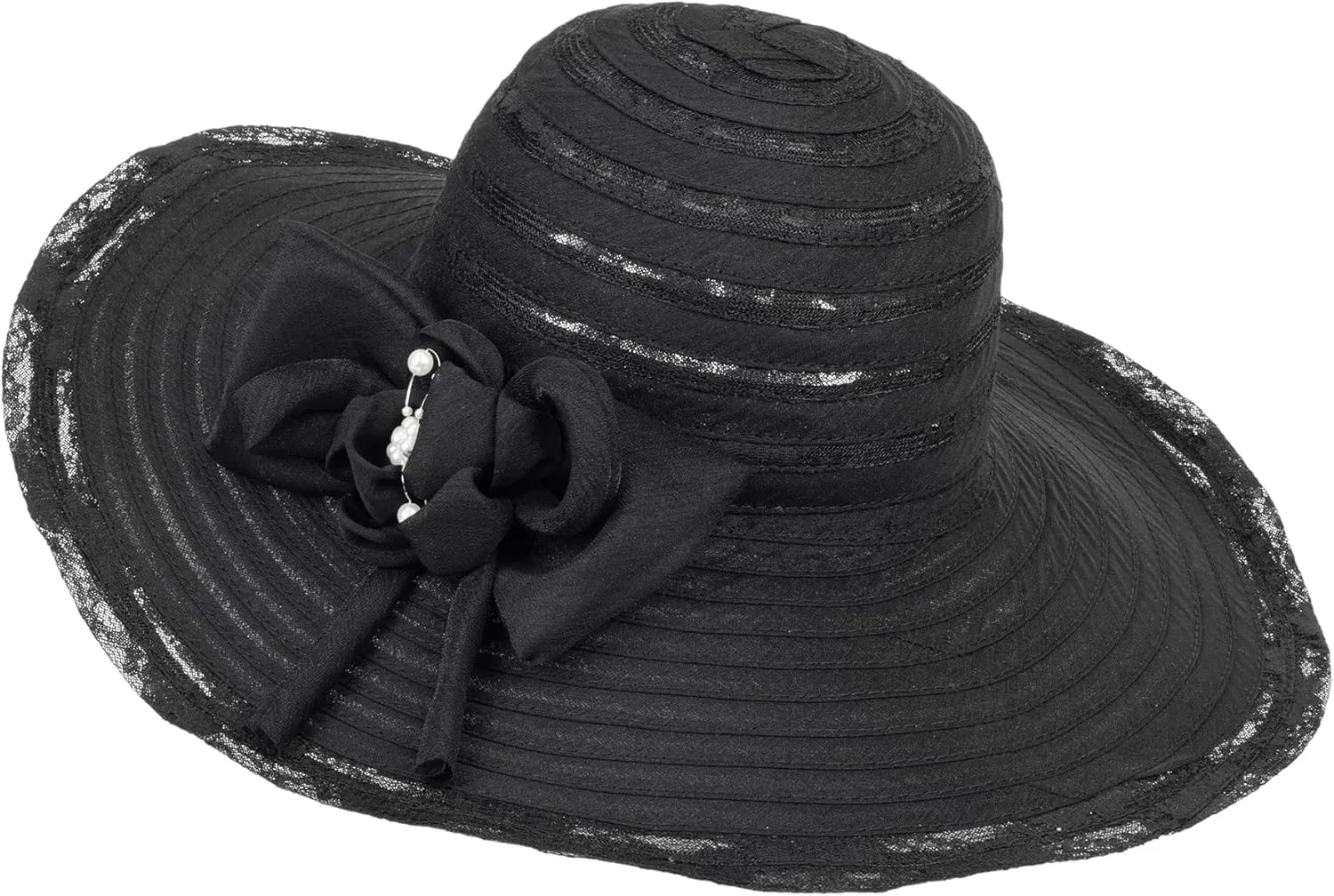 Wide-Brim Floppy-Kentucky-Hat for Womens - Foldable Lace Sun-Hats with Flower Fascinator Tea Party Wedding Hat