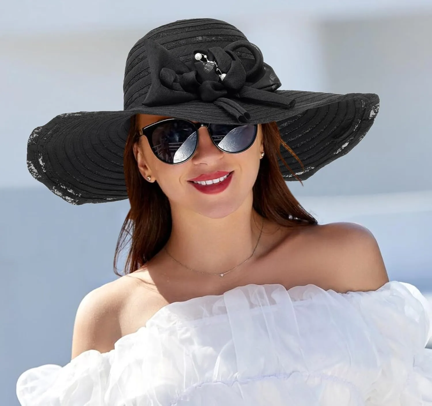 Wide-Brim Floppy-Kentucky-Hat for Womens - Foldable Lace Sun-Hats with Flower Fascinator Tea Party Wedding Hat