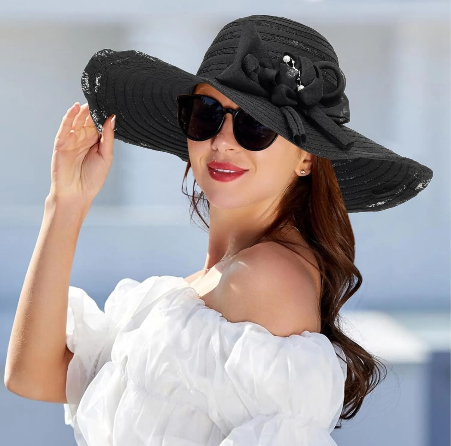 Wide-Brim Floppy-Kentucky-Hat for Womens - Foldable Lace Sun-Hats with Flower Fascinator Tea Party Wedding Hat
