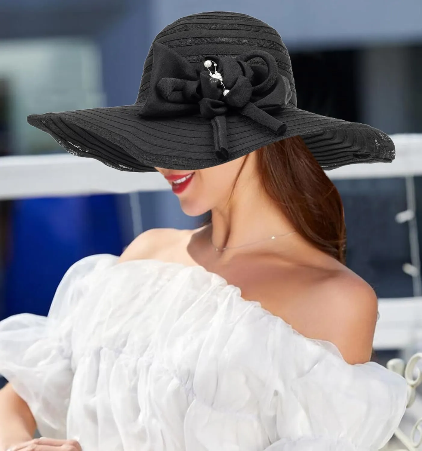 Wide-Brim Floppy-Kentucky-Hat for Womens - Foldable Lace Sun-Hats with Flower Fascinator Tea Party Wedding Hat
