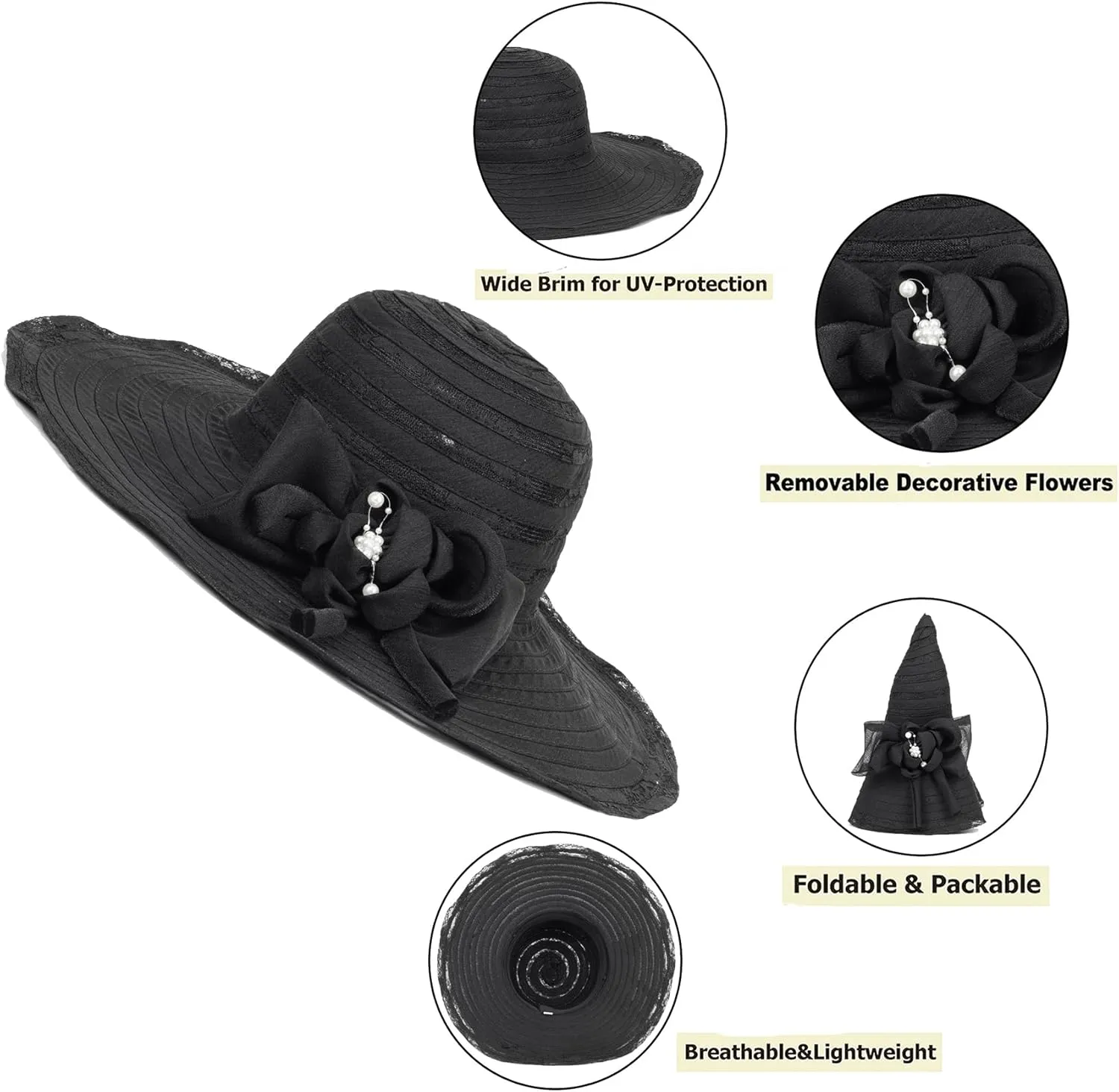 Wide-Brim Floppy-Kentucky-Hat for Womens - Foldable Lace Sun-Hats with Flower Fascinator Tea Party Wedding Hat