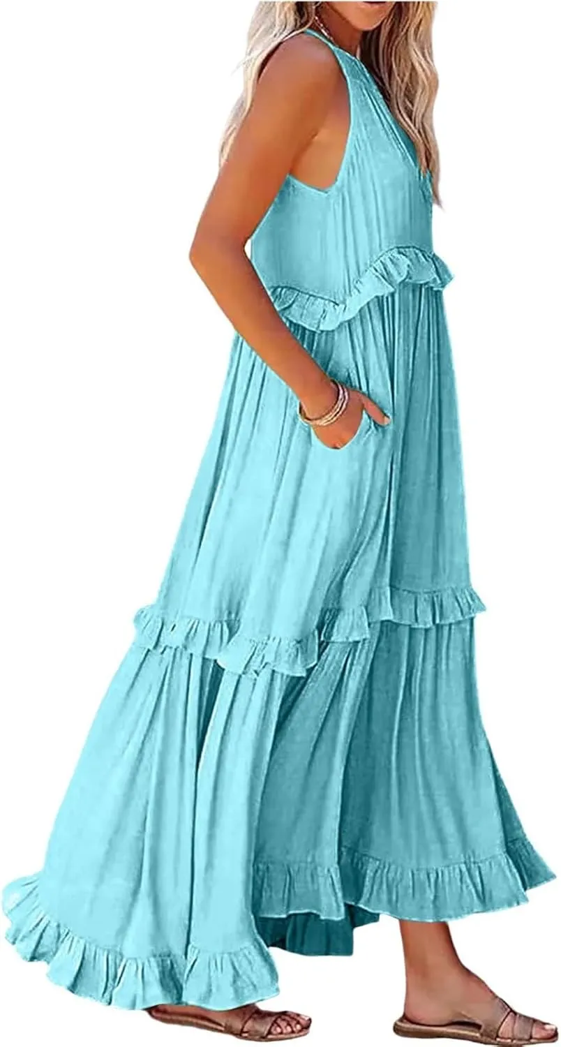 Women Boho Halter Maxi Dress Stretch Pleated Tiered Flowy Long Dress Ruffle Casual Beach Formal Dress Maternity Dress