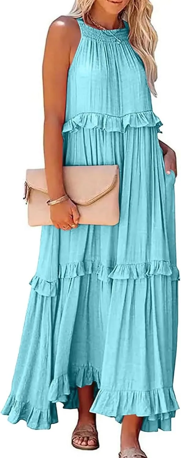 Women Boho Halter Maxi Dress Stretch Pleated Tiered Flowy Long Dress Ruffle Casual Beach Formal Dress Maternity Dress