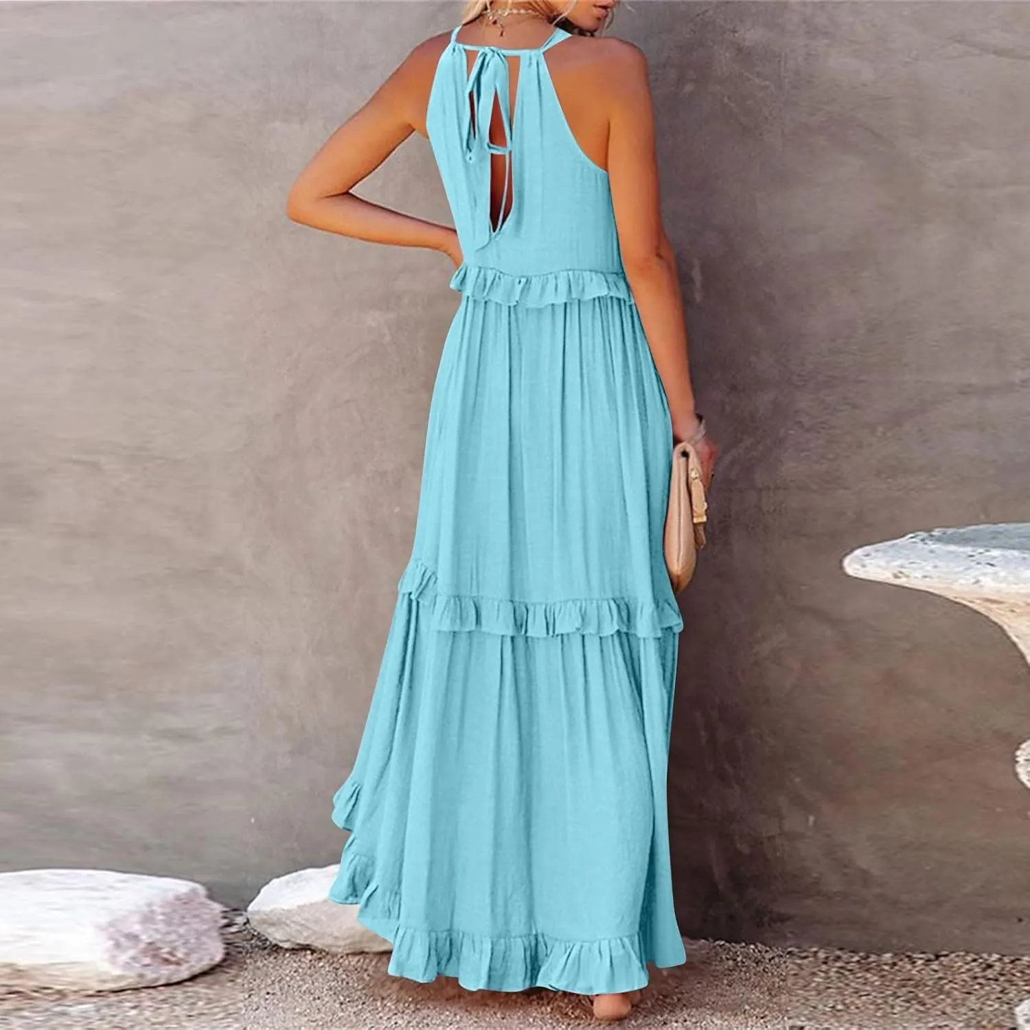 Women Boho Halter Maxi Dress Stretch Pleated Tiered Flowy Long Dress Ruffle Casual Beach Formal Dress Maternity Dress