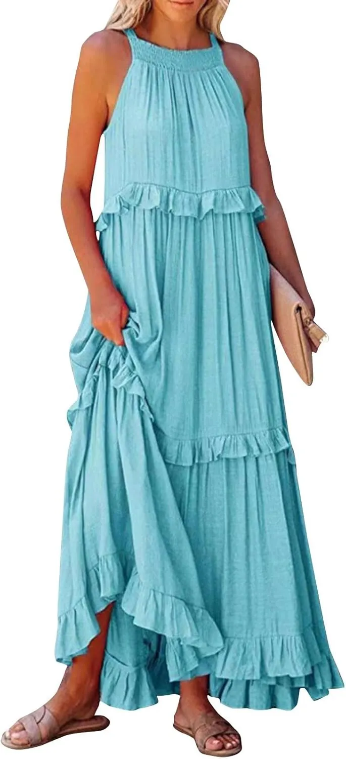 Women Boho Halter Maxi Dress Stretch Pleated Tiered Flowy Long Dress Ruffle Casual Beach Formal Dress Maternity Dress