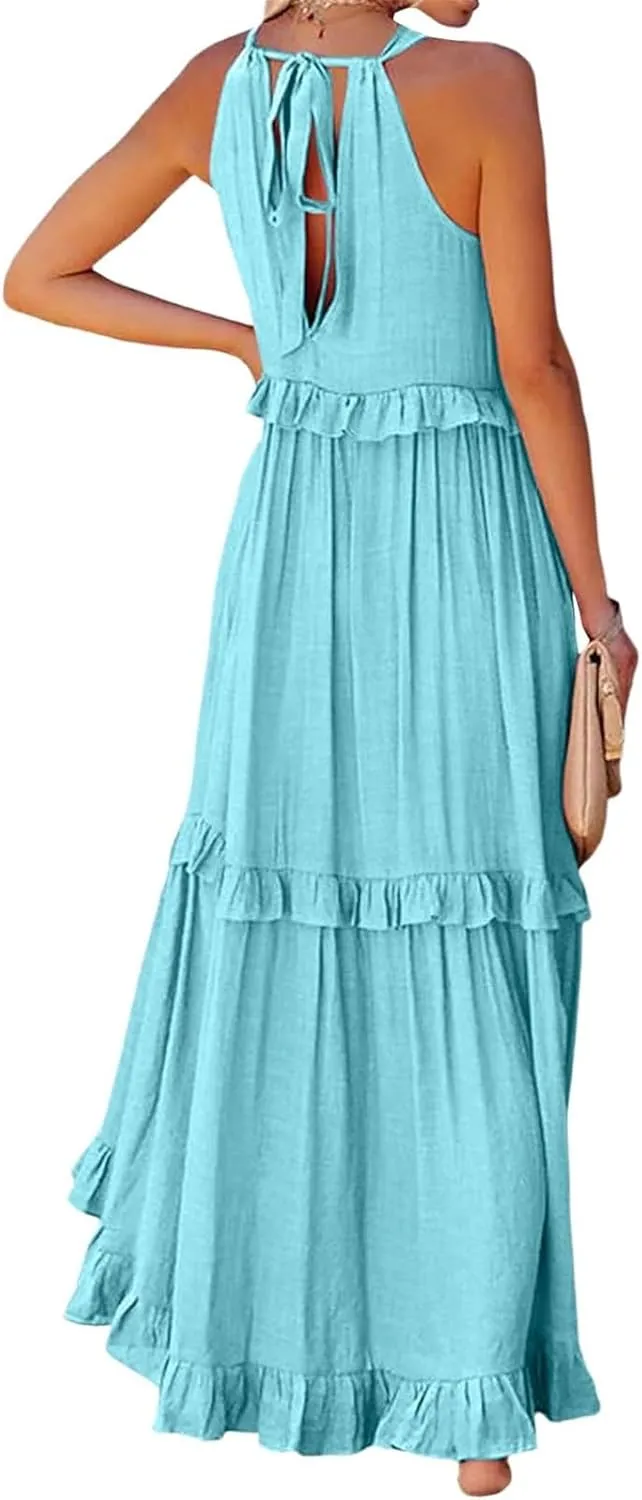 Women Boho Halter Maxi Dress Stretch Pleated Tiered Flowy Long Dress Ruffle Casual Beach Formal Dress Maternity Dress