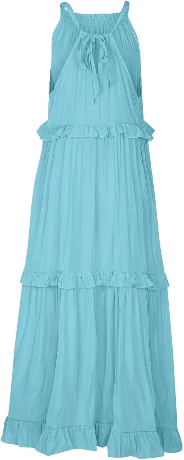 Women Boho Halter Maxi Dress Stretch Pleated Tiered Flowy Long Dress Ruffle Casual Beach Formal Dress Maternity Dress