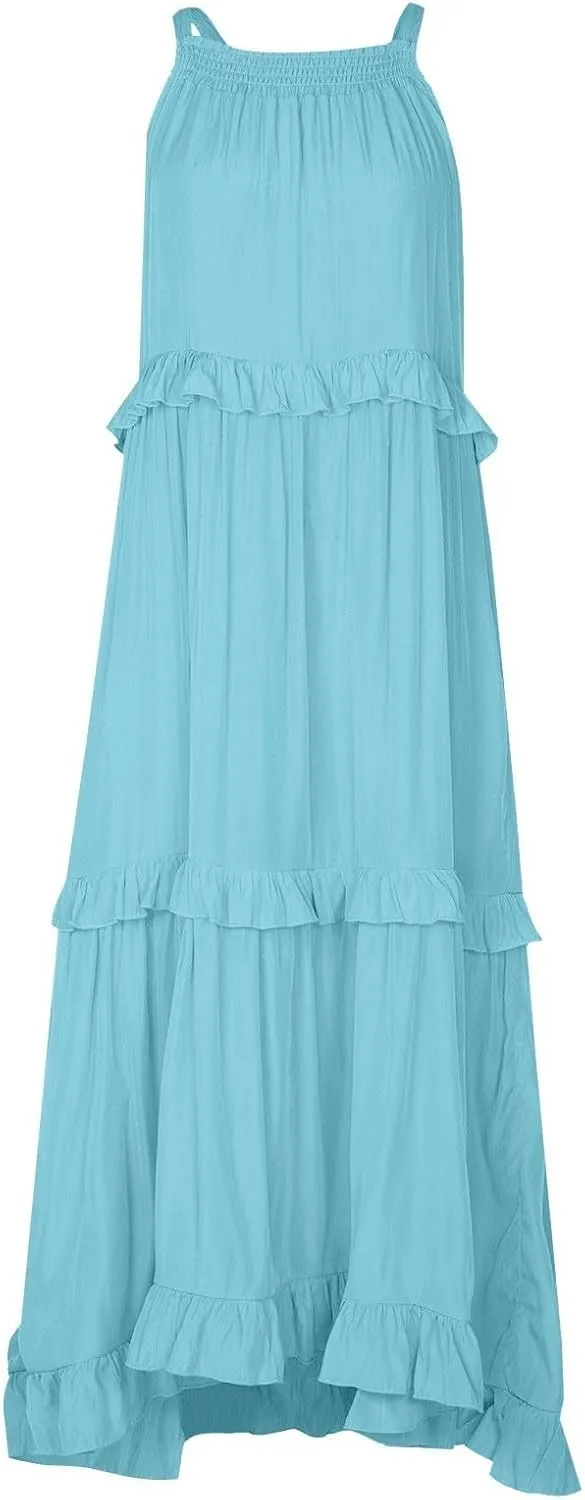 Women Boho Halter Maxi Dress Stretch Pleated Tiered Flowy Long Dress Ruffle Casual Beach Formal Dress Maternity Dress