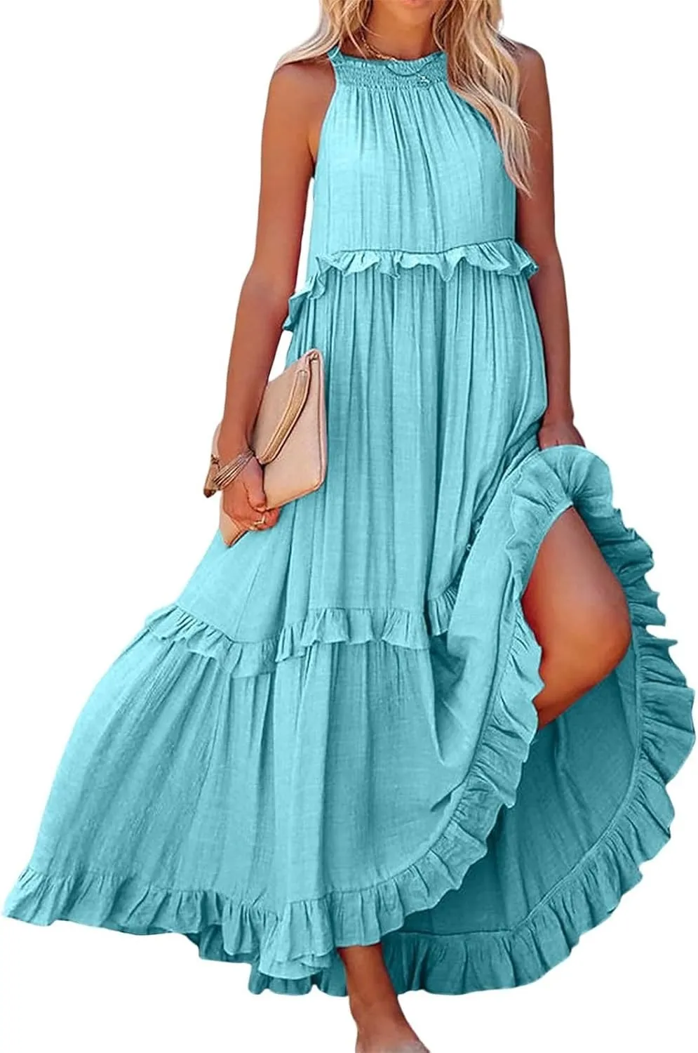 Women Boho Halter Maxi Dress Stretch Pleated Tiered Flowy Long Dress Ruffle Casual Beach Formal Dress Maternity Dress