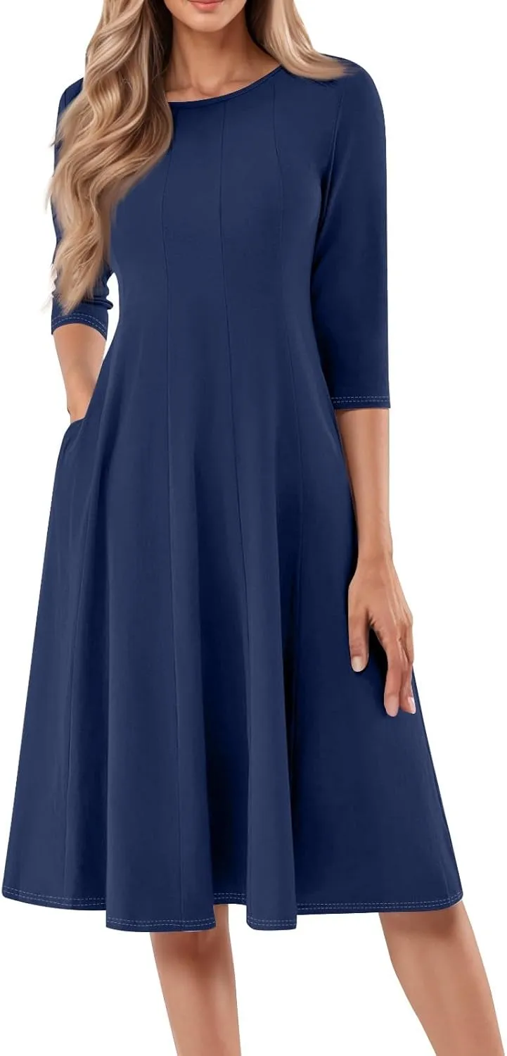 Women Dresses Formal for Church Summer Spring Solid Flowy Vintage 3/4 Sleeve Midi Casual Swing