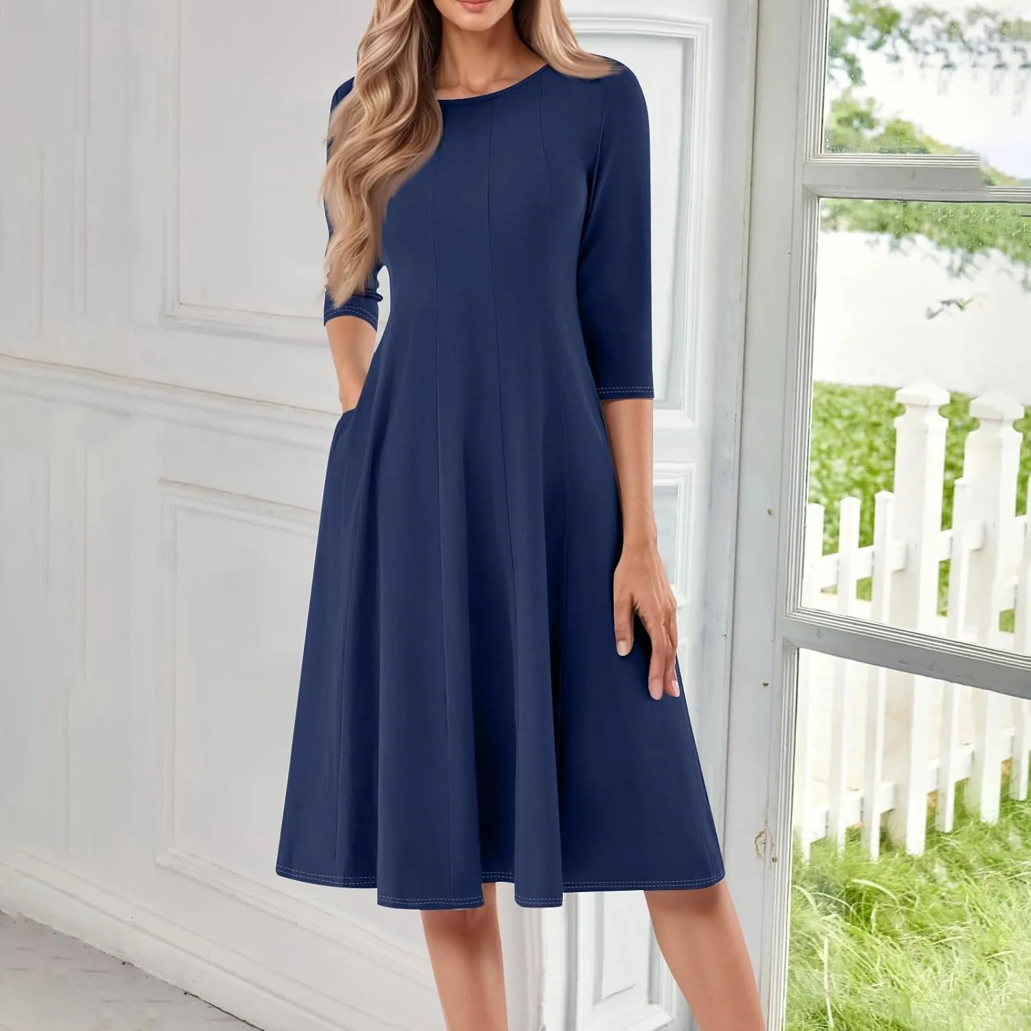 Women Dresses Formal for Church Summer Spring Solid Flowy Vintage 3/4 Sleeve Midi Casual Swing