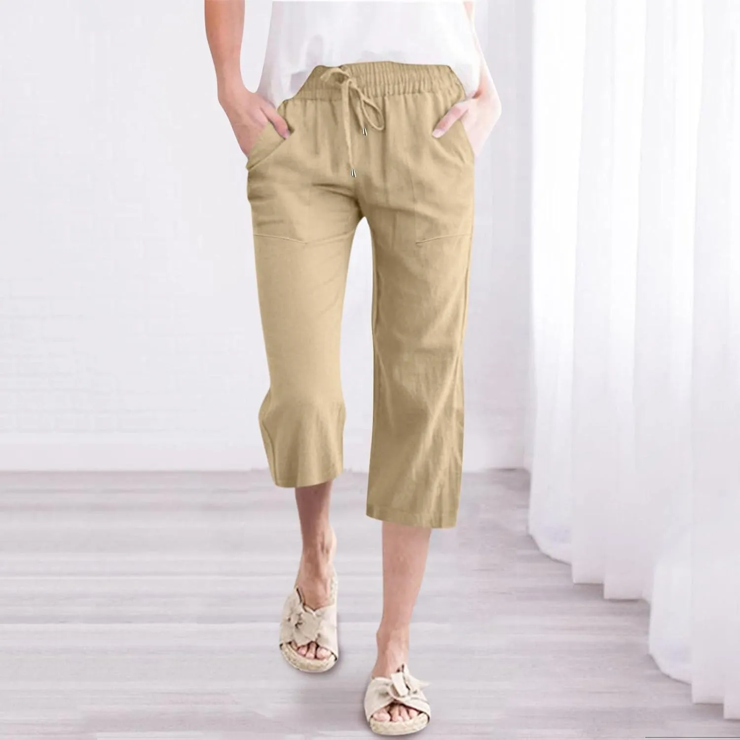 Women High Elastic Waisted Straight Leg Pants Fashion Slim Fitting Thin and Cool Trousers Comfy Long Baggy