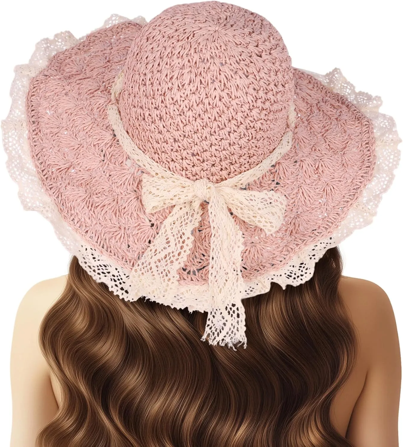 Women Straw Hat with Lace Girl Summer Wide Brim Sun Hat Foldable Beach Travel Roll Up Cap Elegant Crochet Straw Hat