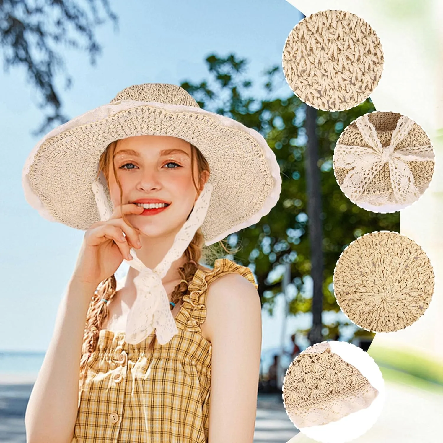 Women Straw Hat with Lace Girl Summer Wide Brim Sun Hat Foldable Beach Travel Roll Up Cap Elegant Crochet Straw Hat