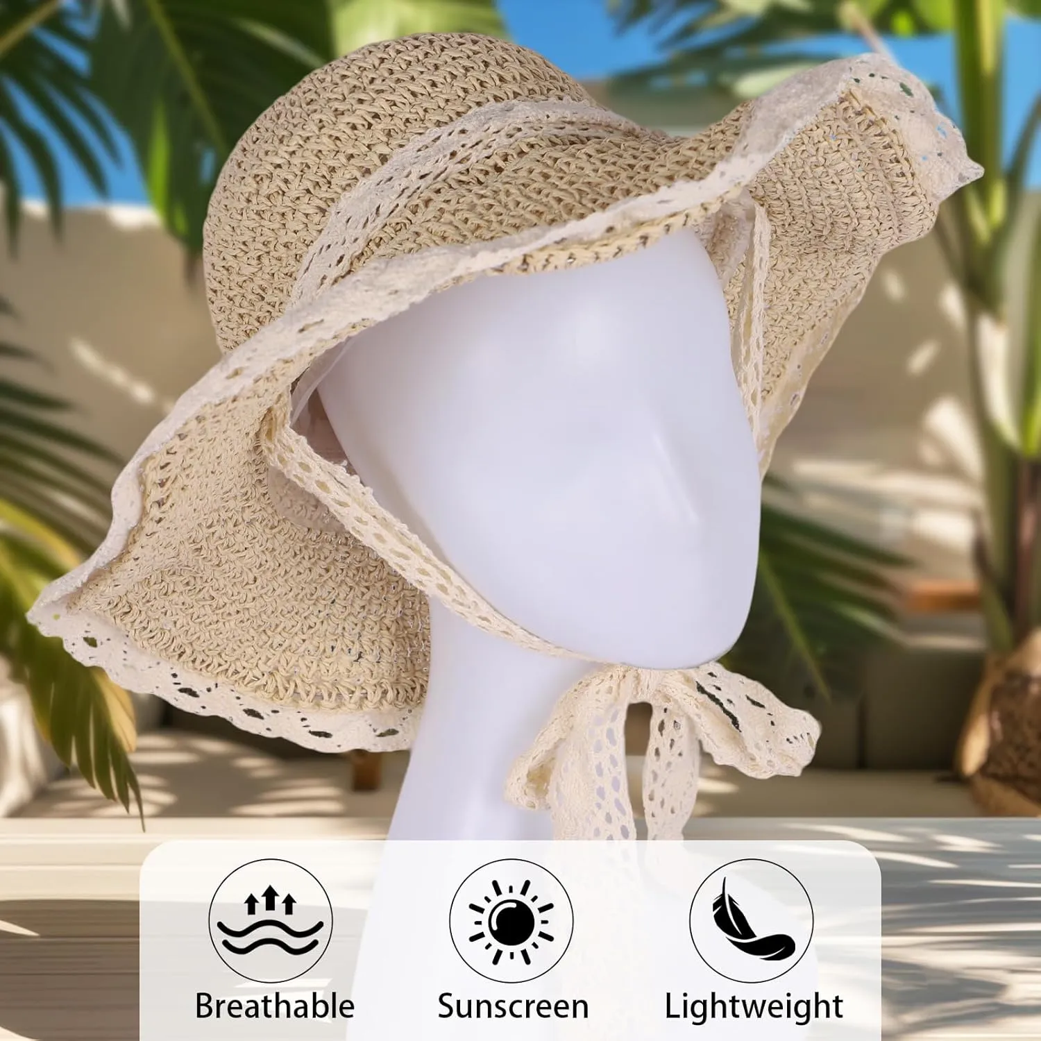 Women Straw Hat with Lace Girl Summer Wide Brim Sun Hat Foldable Beach Travel Roll Up Cap Elegant Crochet Straw Hat