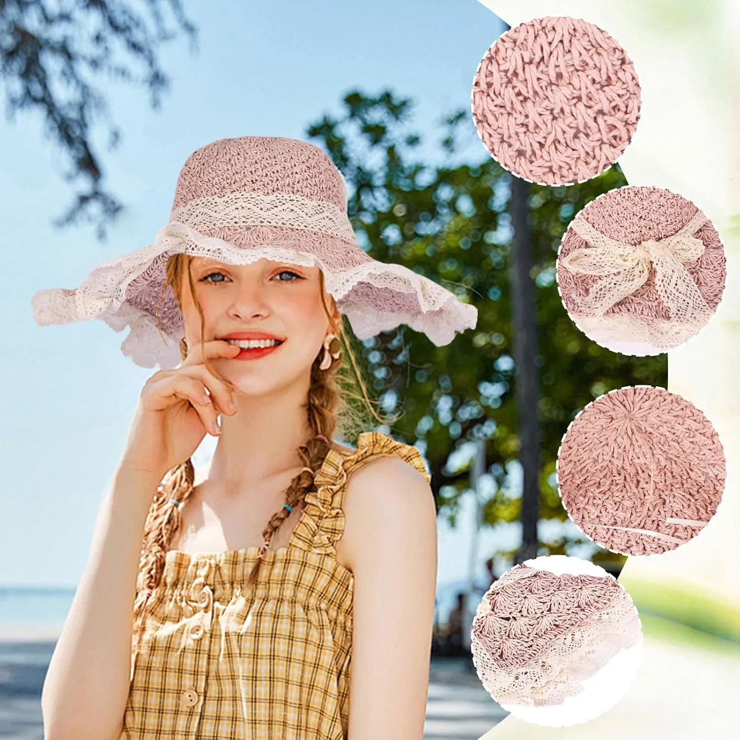 Women Straw Hat with Lace Girl Summer Wide Brim Sun Hat Foldable Beach Travel Roll Up Cap Elegant Crochet Straw Hat