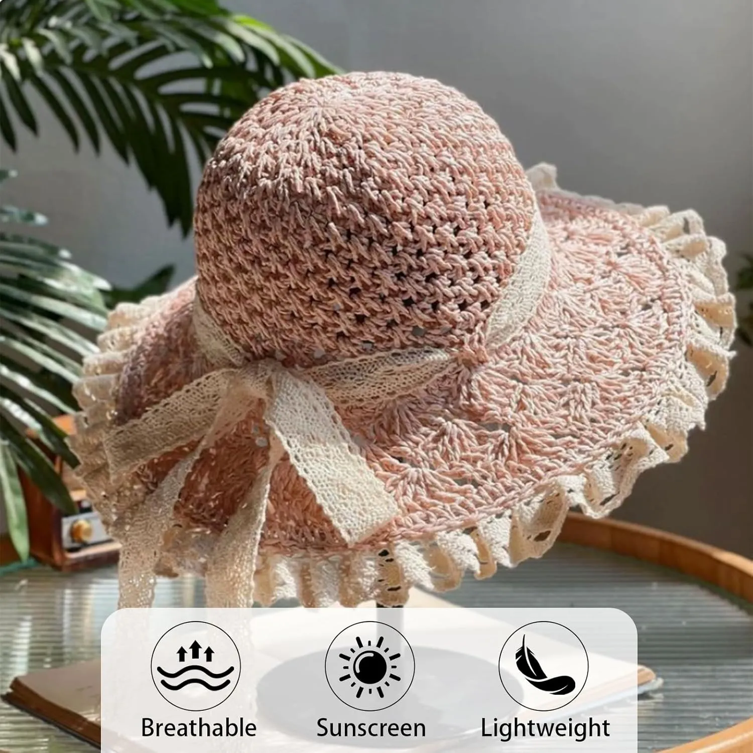 Women Straw Hat with Lace Girl Summer Wide Brim Sun Hat Foldable Beach Travel Roll Up Cap Elegant Crochet Straw Hat