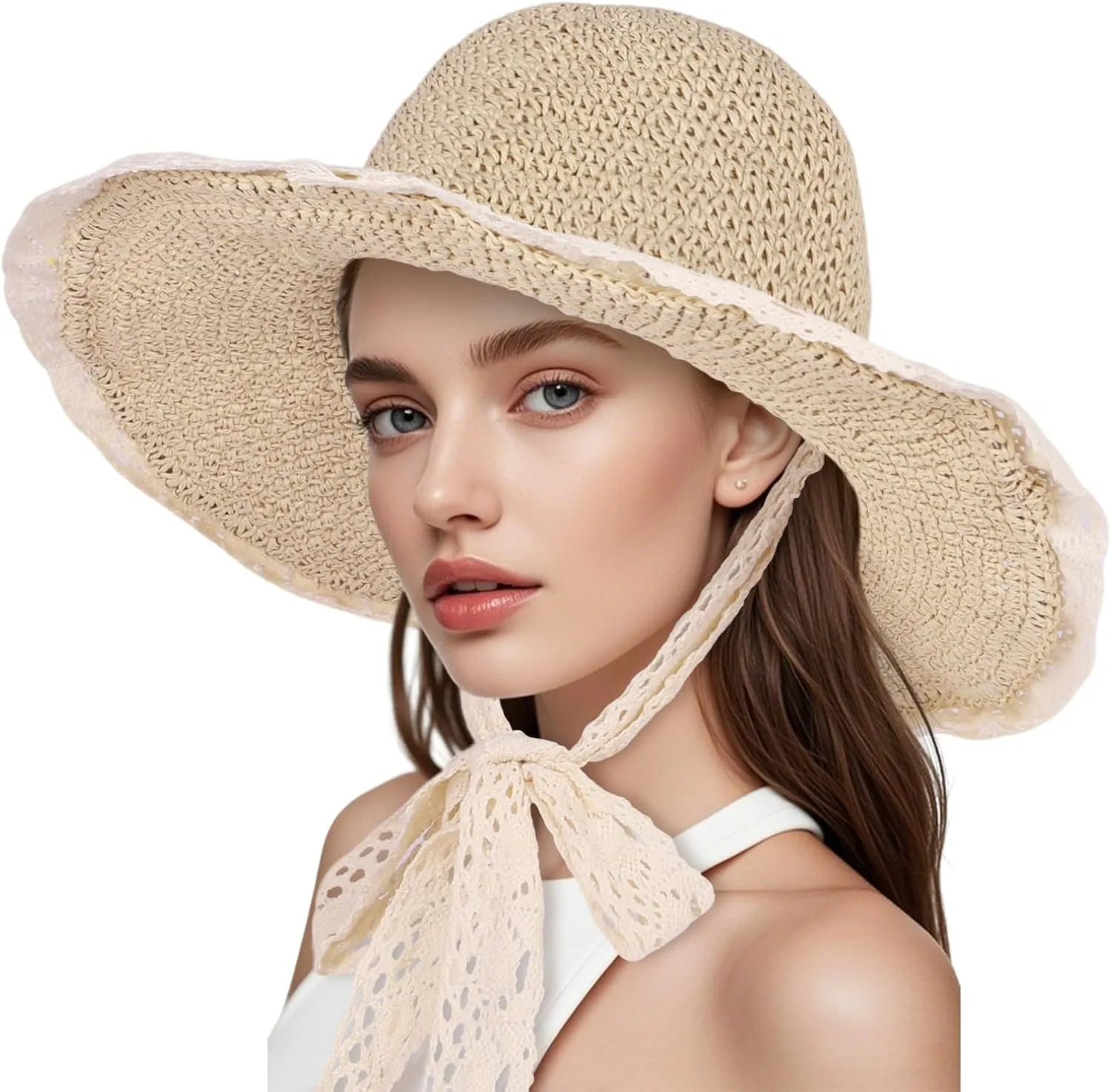 Women Straw Hat with Lace Girl Summer Wide Brim Sun Hat Foldable Beach Travel Roll Up Cap Elegant Crochet Straw Hat