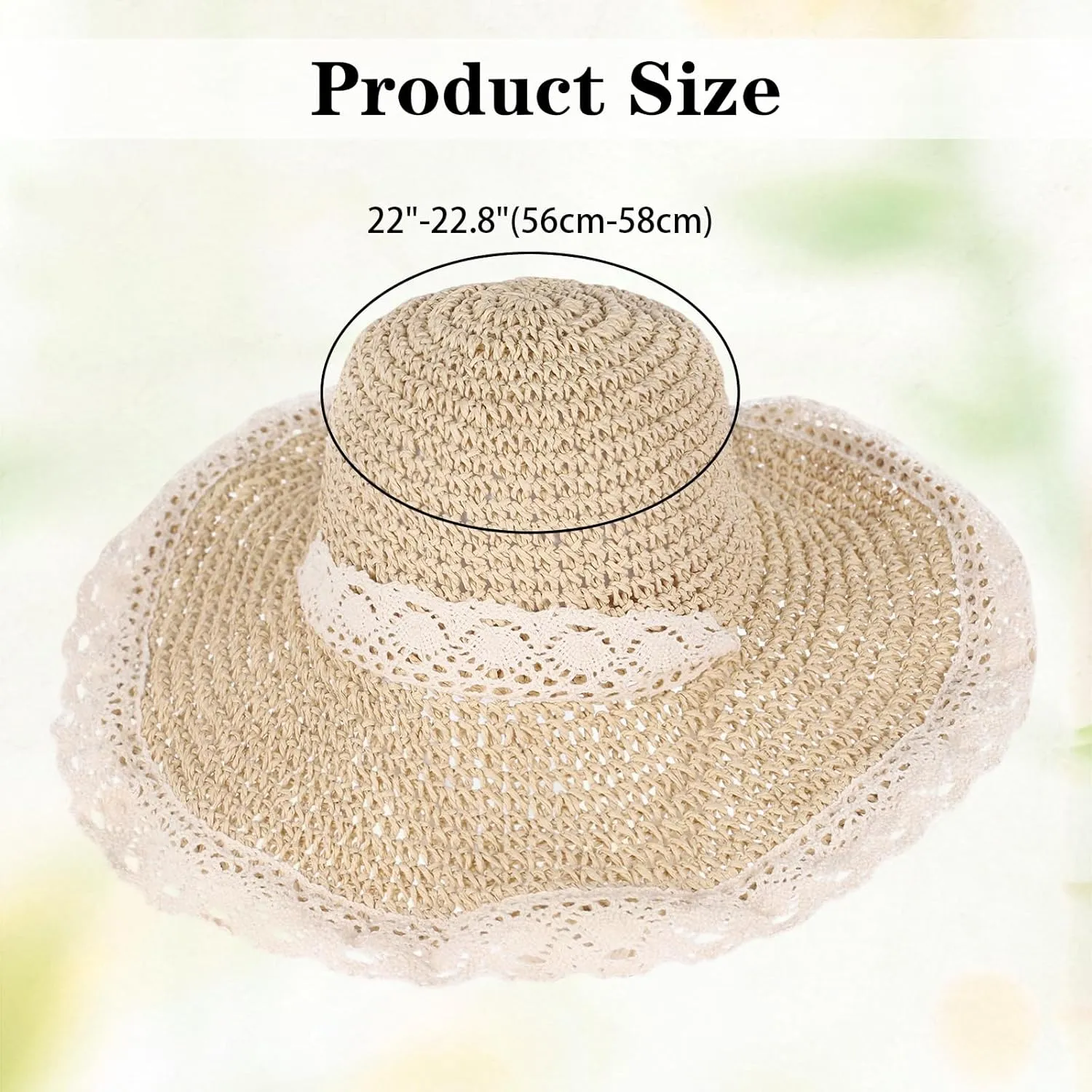 Women Straw Hat with Lace Girl Summer Wide Brim Sun Hat Foldable Beach Travel Roll Up Cap Elegant Crochet Straw Hat
