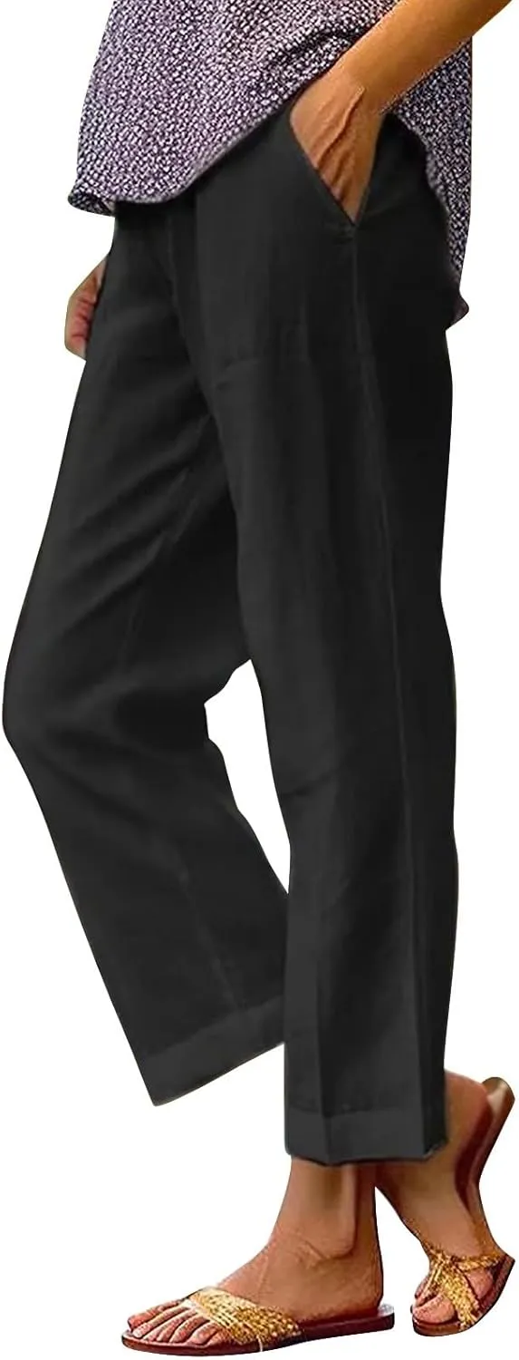 Women Summer Linen Pants Straight Leg Beach Vacation Comfy Baggy Trousers Dressy Palazzo Lounge Pants with Pockets