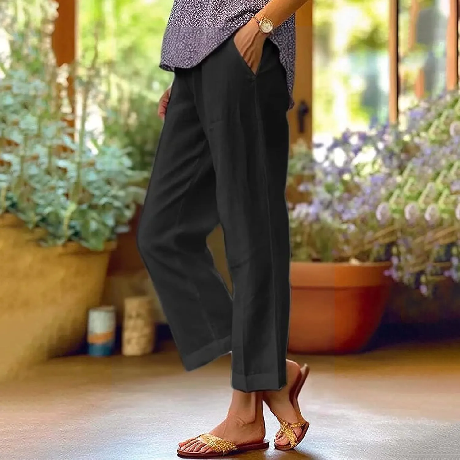 Women Summer Linen Pants Straight Leg Beach Vacation Comfy Baggy Trousers Dressy Palazzo Lounge Pants with Pockets