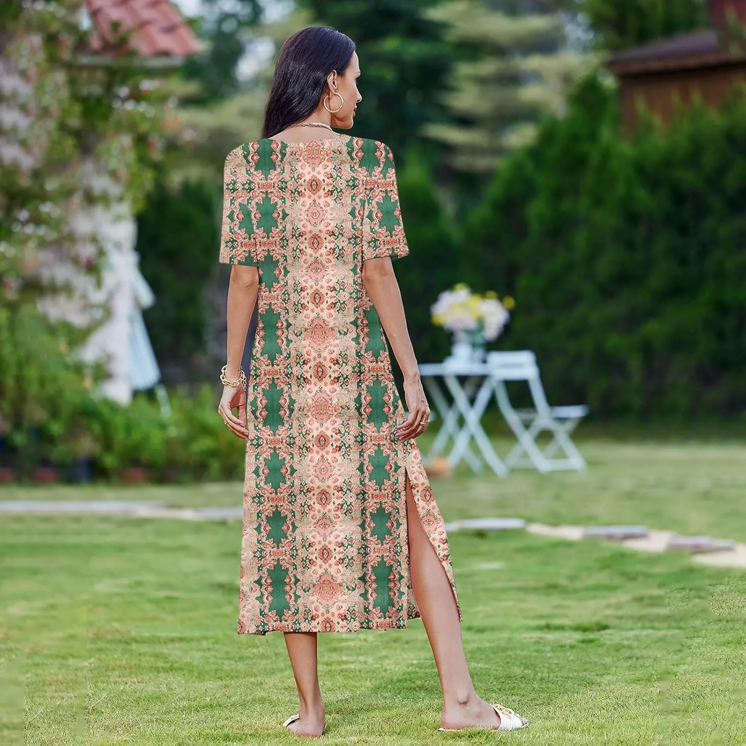 Women's Boho Dress Floral Print Short Sleeve Maxi Dress 2025 Summer Short Sleeve T Shirt Dress Split Beach Sundress