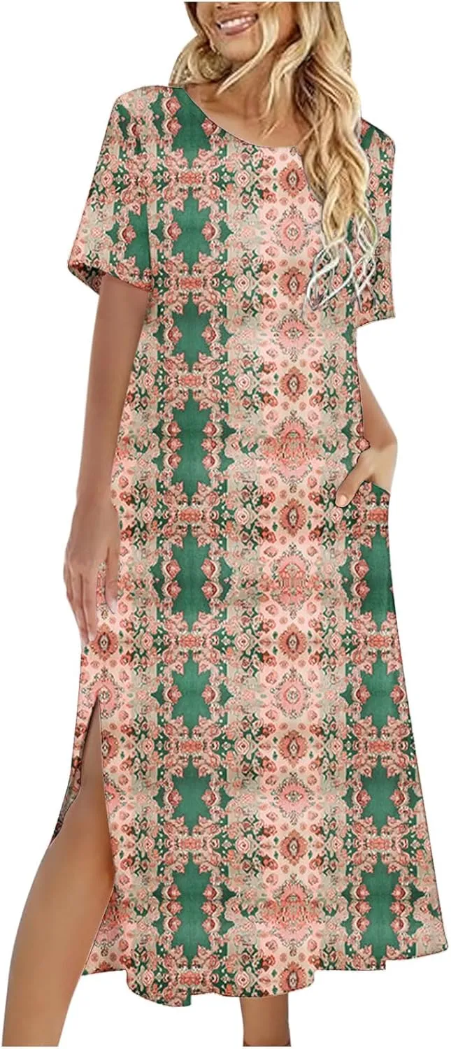 Women's Boho Dress Floral Print Short Sleeve Maxi Dress 2025 Summer Short Sleeve T Shirt Dress Split Beach Sundress
