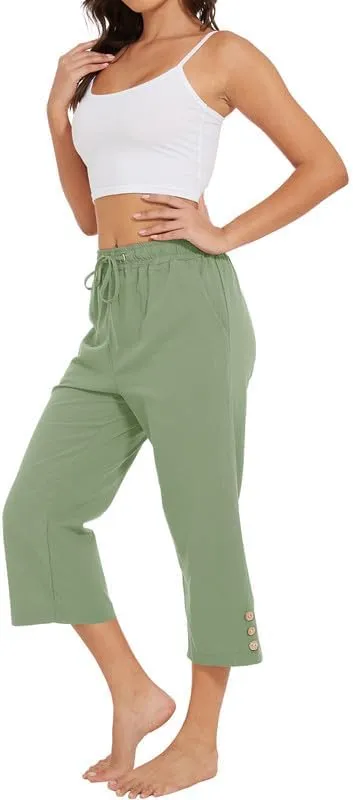 Womens Capris Pants High Waist Drawstring Comfy Casual Lightweight Loose Trousers Buttons Trim with Pockets