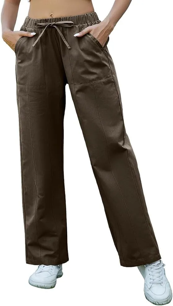 Womens Cotton Casual Pants Straight Wide Leg Drawstring Elastic Loose Lounge Comfy Trousers with Pockets
