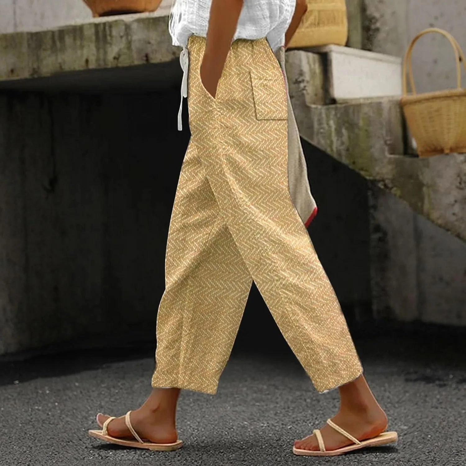 Womens Cotton Linen Pants Casual Drawstring Capri Linen Pants for Women White
