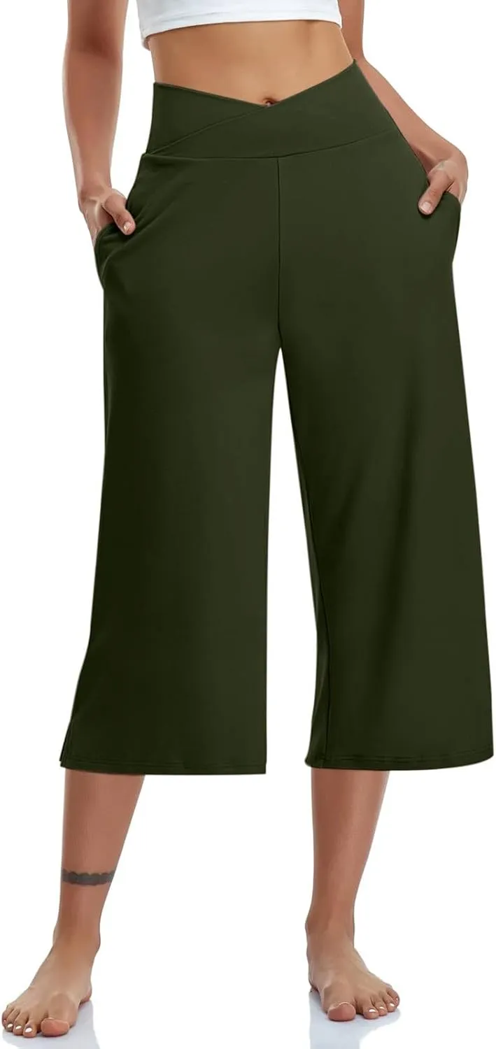 Womens Crossover High Waist Wide Leg Yoga Capris with Pockets Casual Capri Pants Loose Soft Pajama Pockets Sweatpants