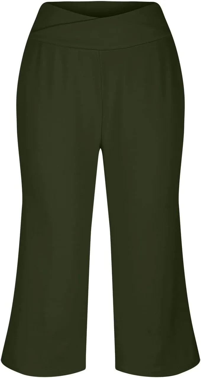 Womens Crossover High Waist Wide Leg Yoga Capris with Pockets Casual Capri Pants Loose Soft Pajama Pockets Sweatpants