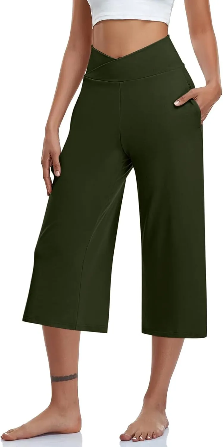 Womens Crossover High Waist Wide Leg Yoga Capris with Pockets Casual Capri Pants Loose Soft Pajama Pockets Sweatpants
