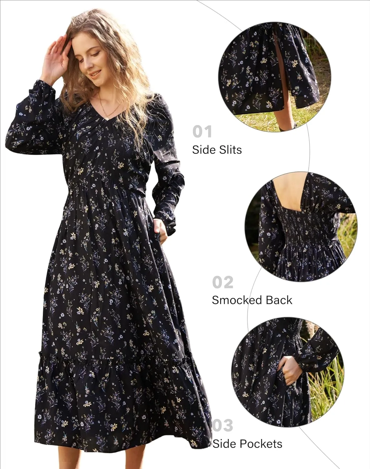 Women's Floral Boho Maxi Dress Long Sleeve V Neck 2025 Spring Ruffle A-Line Split Swing Long Dress with Pockets