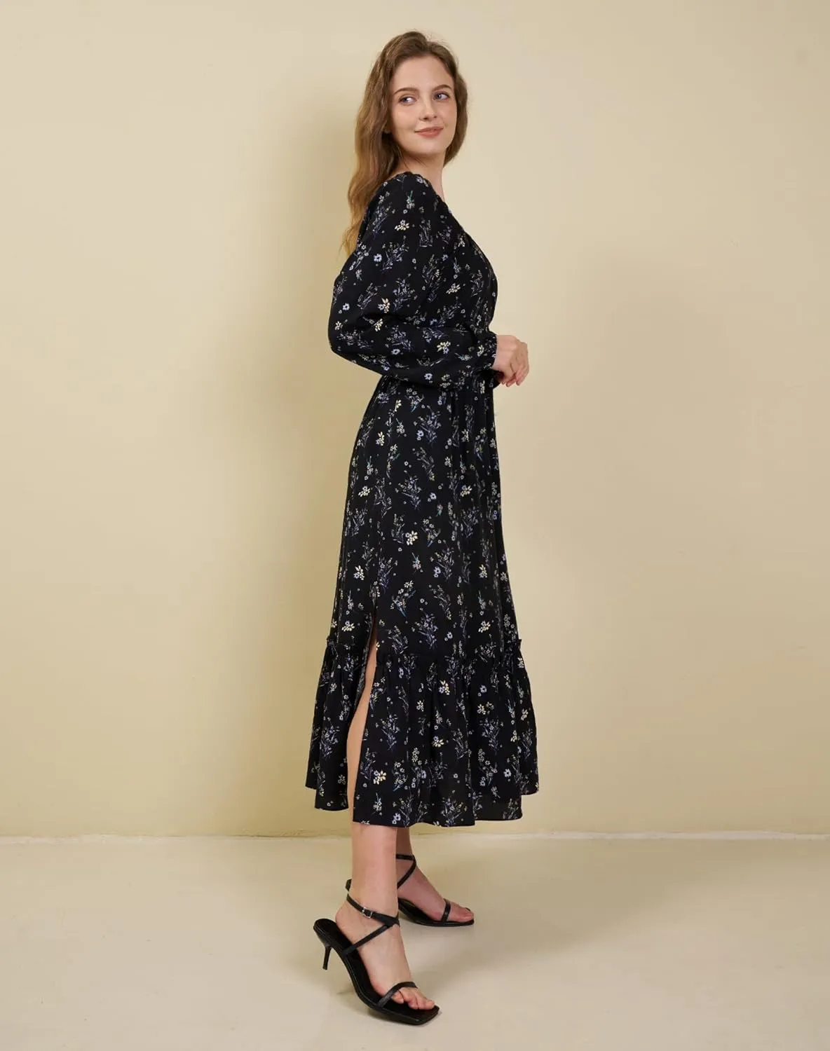 Women's Floral Boho Maxi Dress Long Sleeve V Neck 2025 Spring Ruffle A-Line Split Swing Long Dress with Pockets