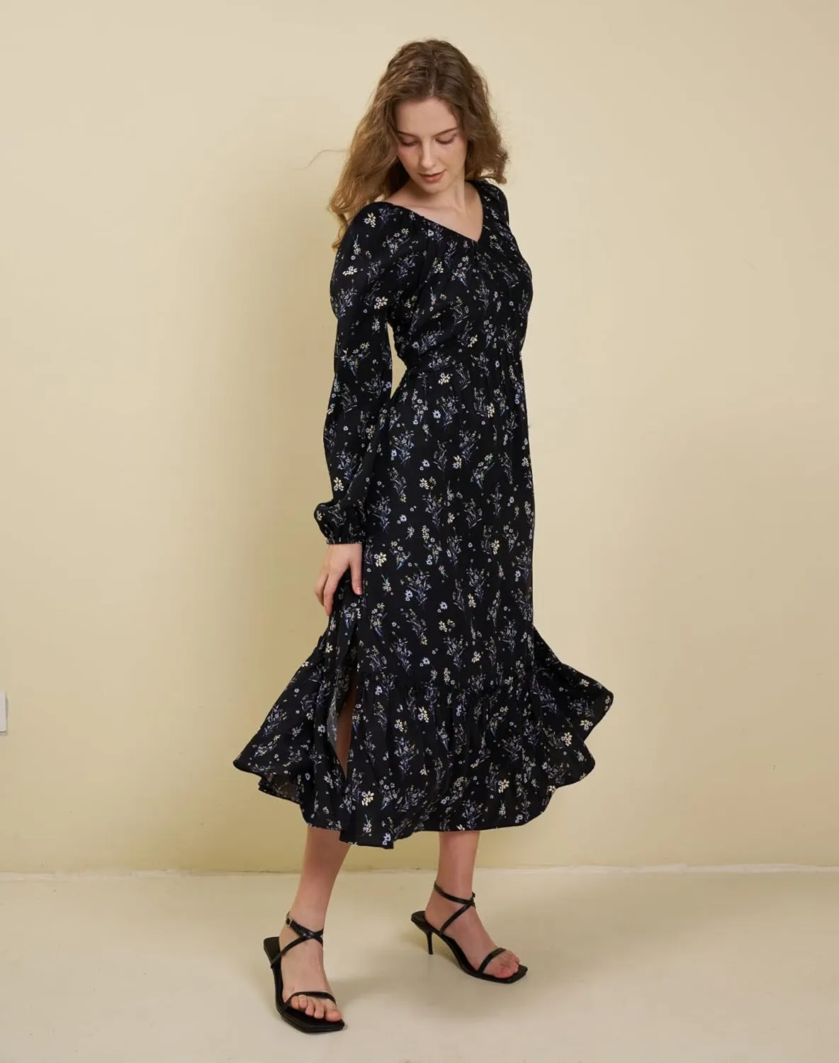 Women's Floral Boho Maxi Dress Long Sleeve V Neck 2025 Spring Ruffle A-Line Split Swing Long Dress with Pockets