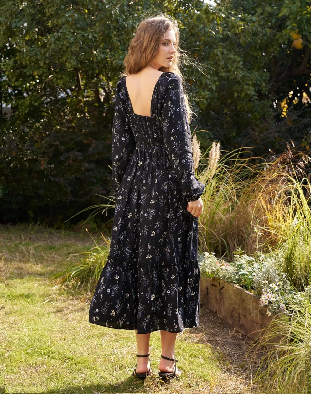 Women's Floral Boho Maxi Dress Long Sleeve V Neck 2025 Spring Ruffle A-Line Split Swing Long Dress with Pockets