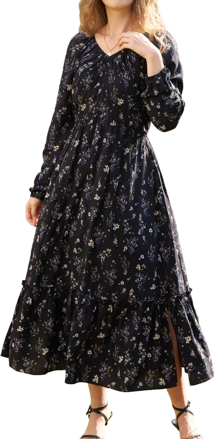 Women's Floral Boho Maxi Dress Long Sleeve V Neck 2025 Spring Ruffle A-Line Split Swing Long Dress with Pockets