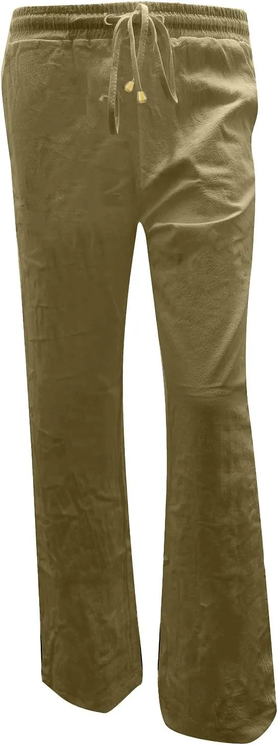 Womens Linen Pants Casual Straight Fit Elastic Waisted Drawsting Trousers Summer Loose Comfy Pants with Pockets