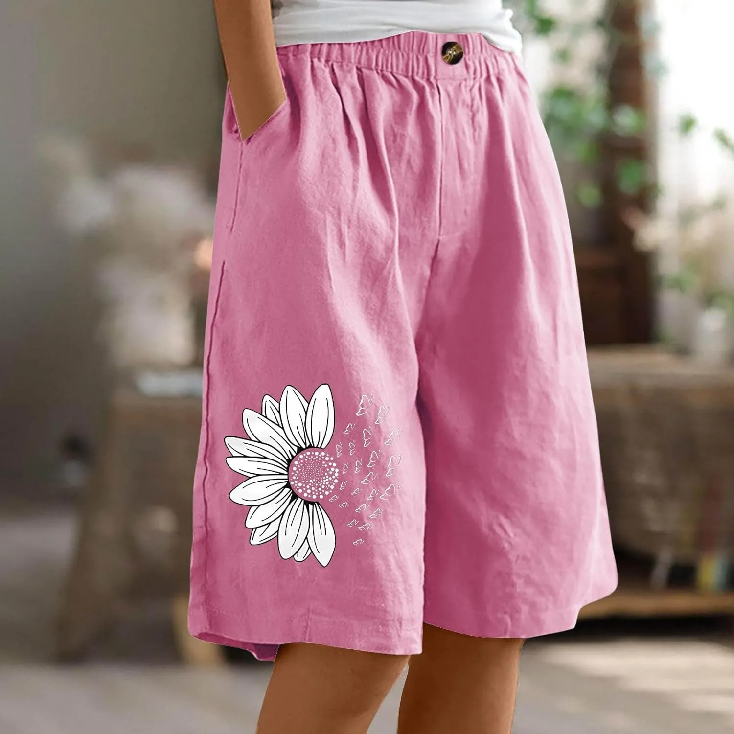 Women's Loose Bermuda Shorts Knee Length Daisy Printing Button Front Shorts Breathable Stretchy Soft-Fit Casual Short