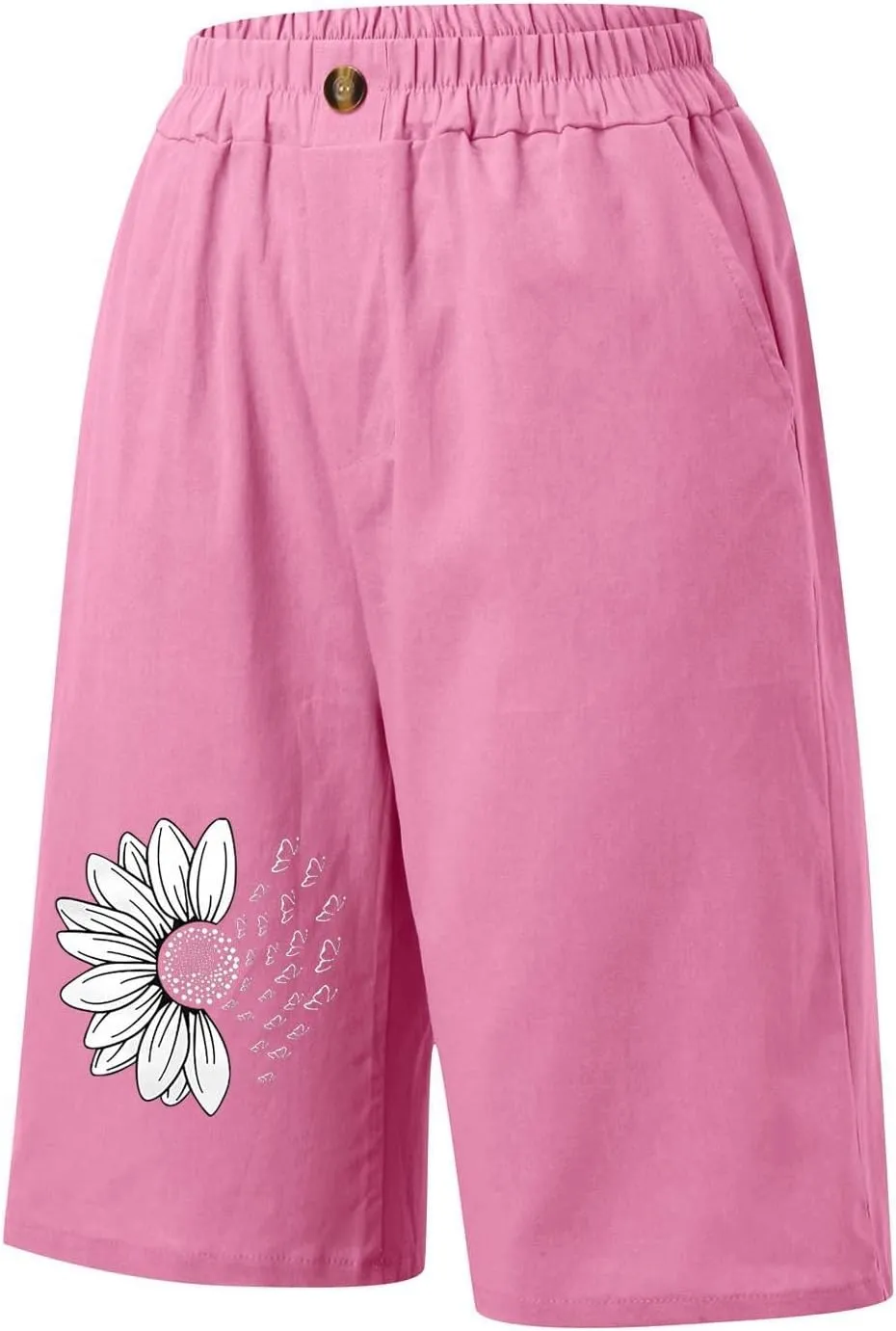Women's Loose Bermuda Shorts Knee Length Daisy Printing Button Front Shorts Breathable Stretchy Soft-Fit Casual Short