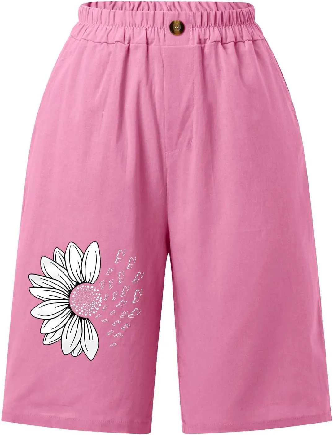 Women's Loose Bermuda Shorts Knee Length Daisy Printing Button Front Shorts Breathable Stretchy Soft-Fit Casual Short